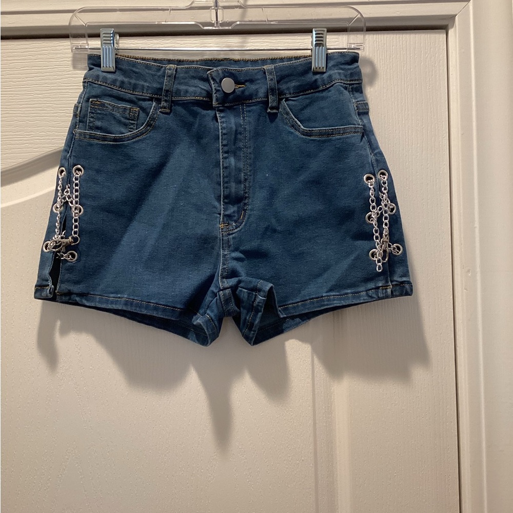 Unique Denim Shorts with Side Chain (Color: Wash Blue) ( NWT)